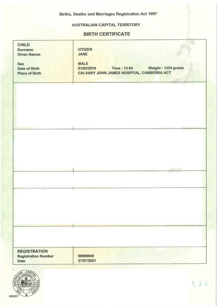 Birth certificate (Australian) Unique Student Identifier